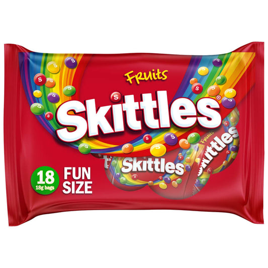 Skittles Fun Size 18pk assorted fruity chewy candies in convenient individual packs
