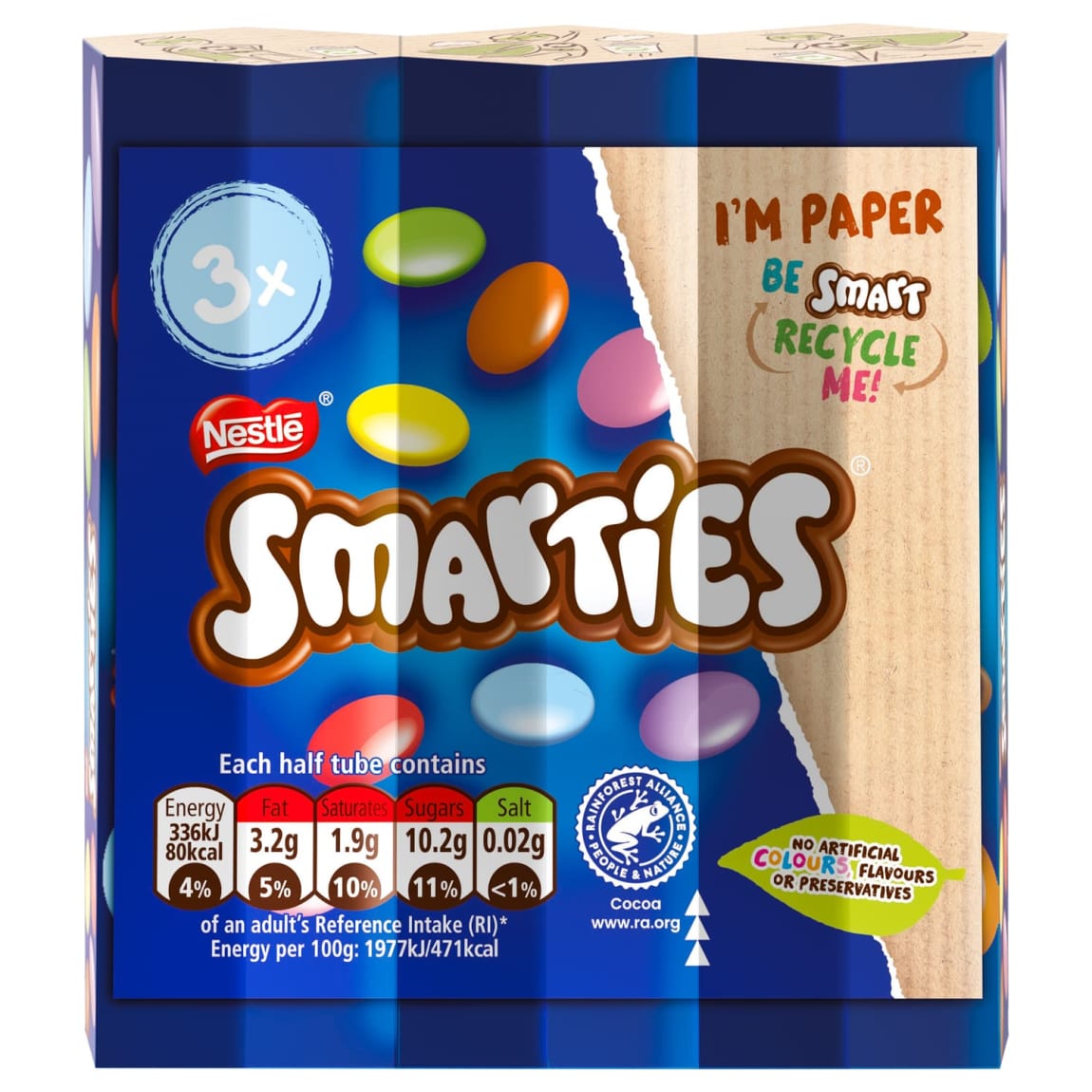Multipack of three Smarties tubes 102g for sharing and snacking