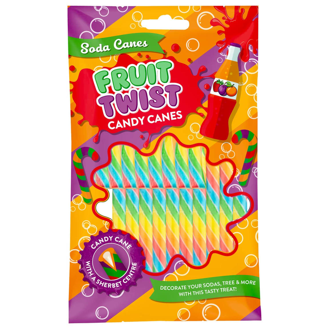 Soda Candy Canes 8 Pack fizzy sherbet filled fruit and twist flavour festive sweets