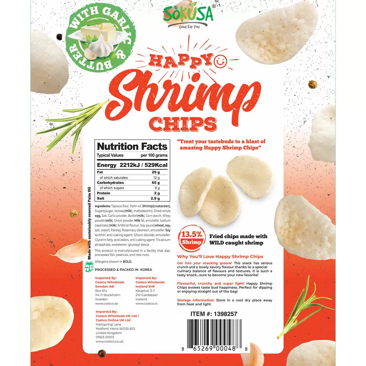 Light crispy shrimp flavoured savoury snack chips