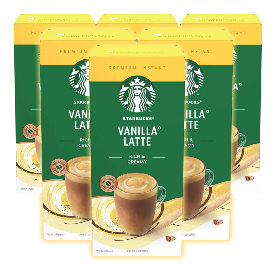 Café-style vanilla latte made at home from Starbucks instant sachets.