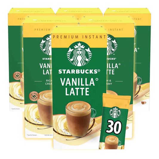 Box of Starbucks Vanilla Latte Instant Coffee Sachets, 6 packs of 5 servings each.