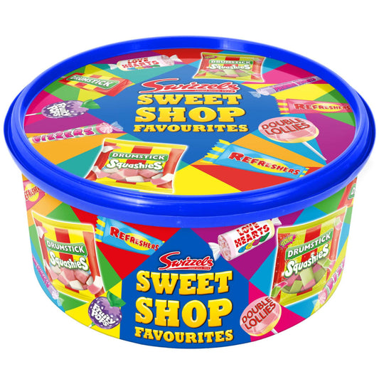 Swizzels Sweet Shop Favourites Tub filled with assorted retro sweets and colourful packaging