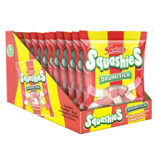 Swizzles Squashies Drumsticks 12 x 140g pack – chewy raspberry and milk sweets
