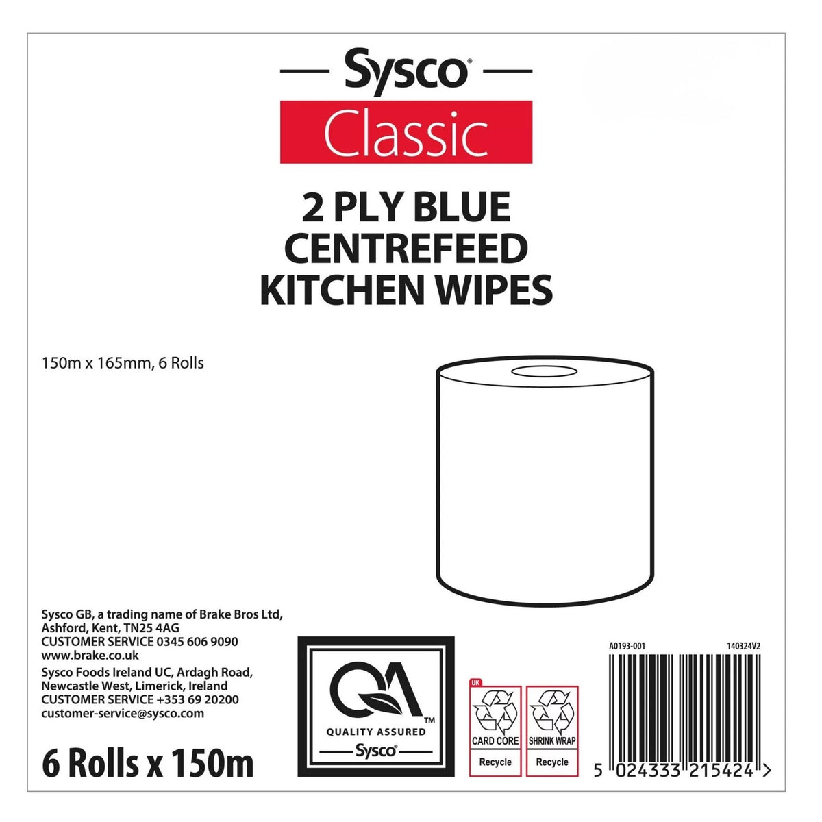 Blue 2 ply centrefeed cleaning rolls measuring 150 metres