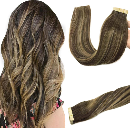 Tape-in human hair extensions chocolate brown to strawberry blonde