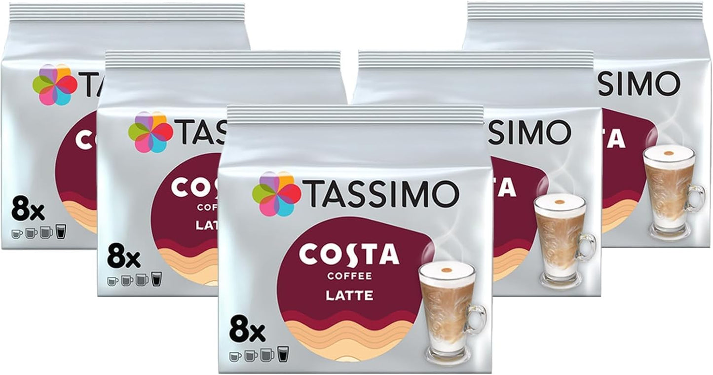 Tassimo Costa Latte Coffee Pods 5-Pack – 40 Creamy Barista-Style Drinks for Home Brewing