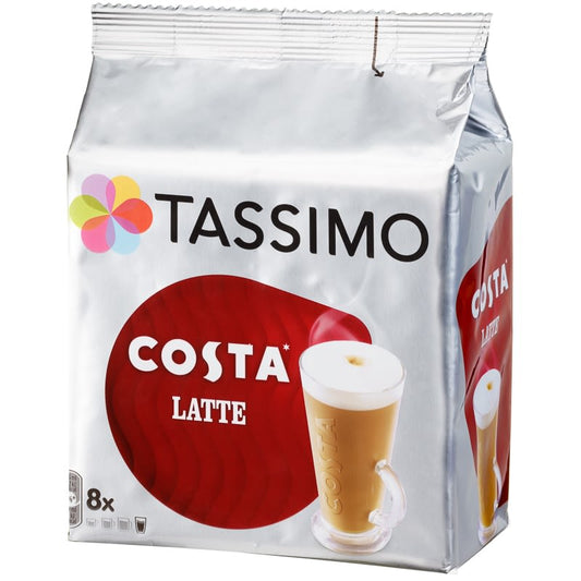 Tassimo Costa Latte Coffee Pods 8 pack ready for brewing