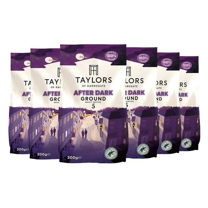 Taylors After Dark Ground Coffee 6x200g case with rich flavour.