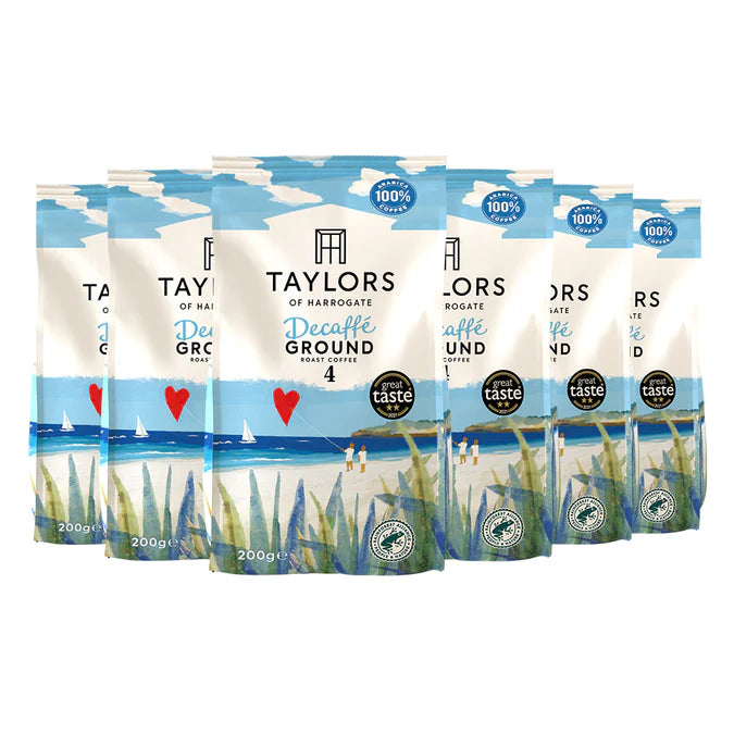 Taylors Decaffe Ground Coffee case of six 200g packs.