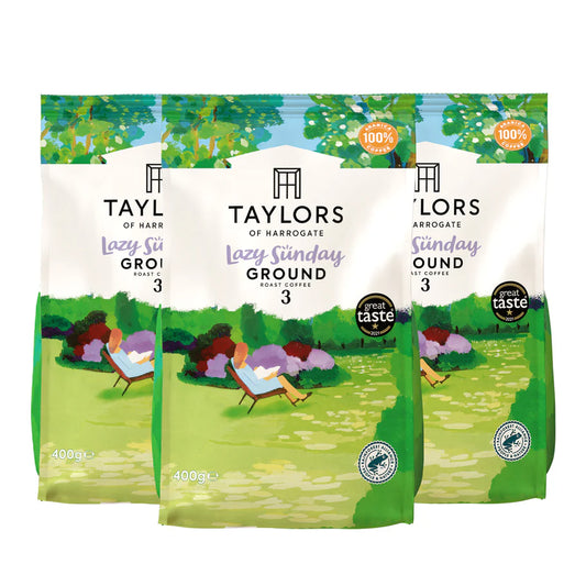 Taylors Lazy Sunday Ground Coffee case with 3x400g packs.