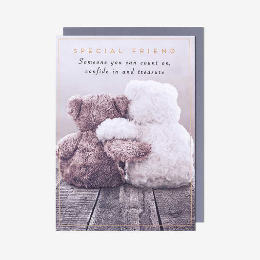 Special friend teddy bears hugging friendship greeting card with blank inside