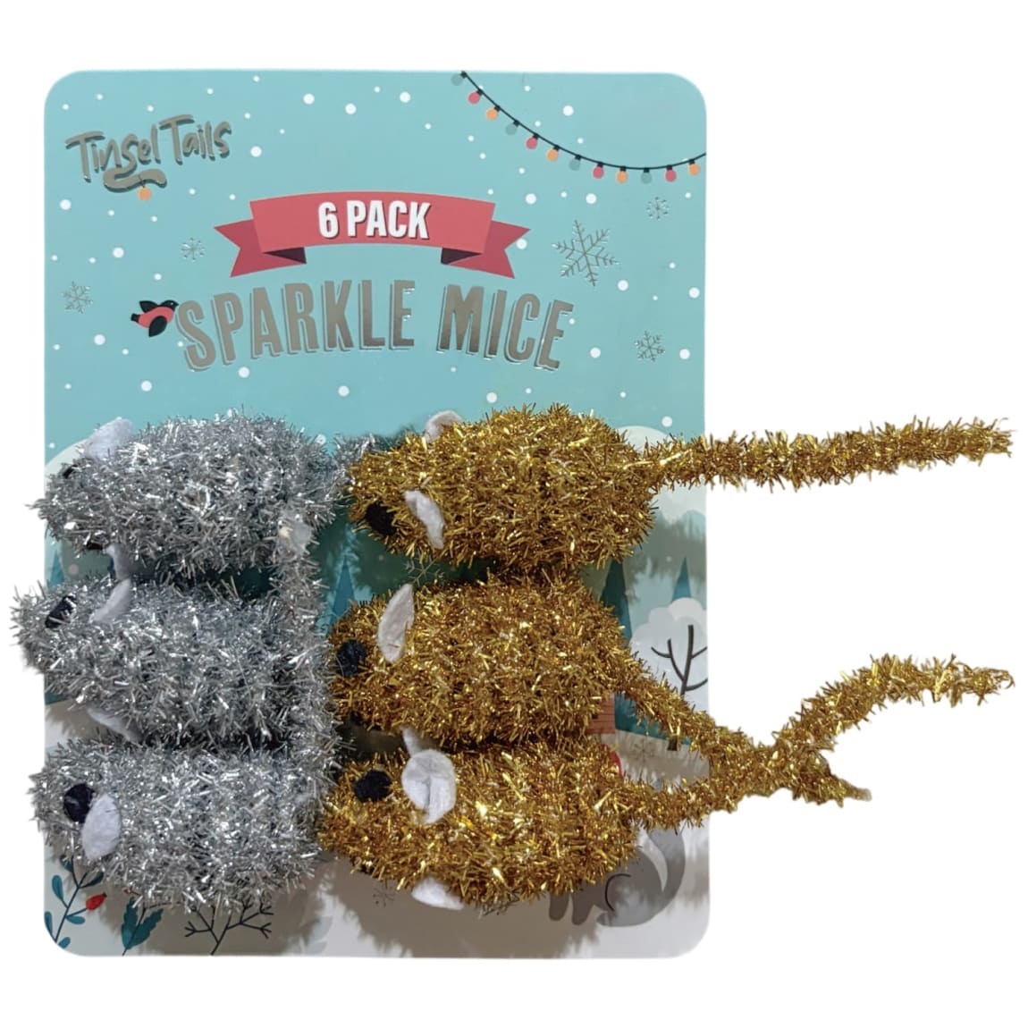 Tinsel Tails Sparkle Mice 6pk – festive and glittery cat toys for active play