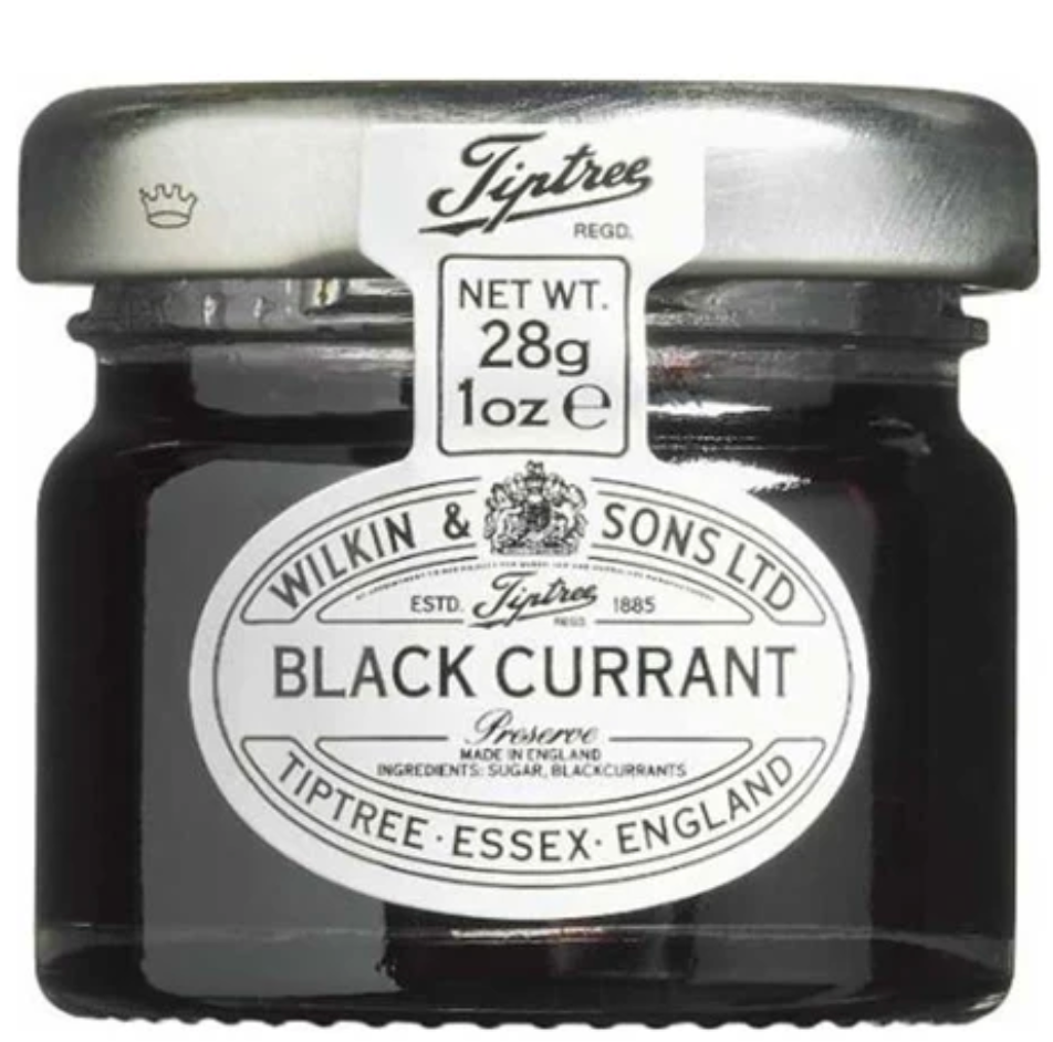 Tiptree Blackcurrant Jam Mini Jar 28g, single glass jar, premium berries