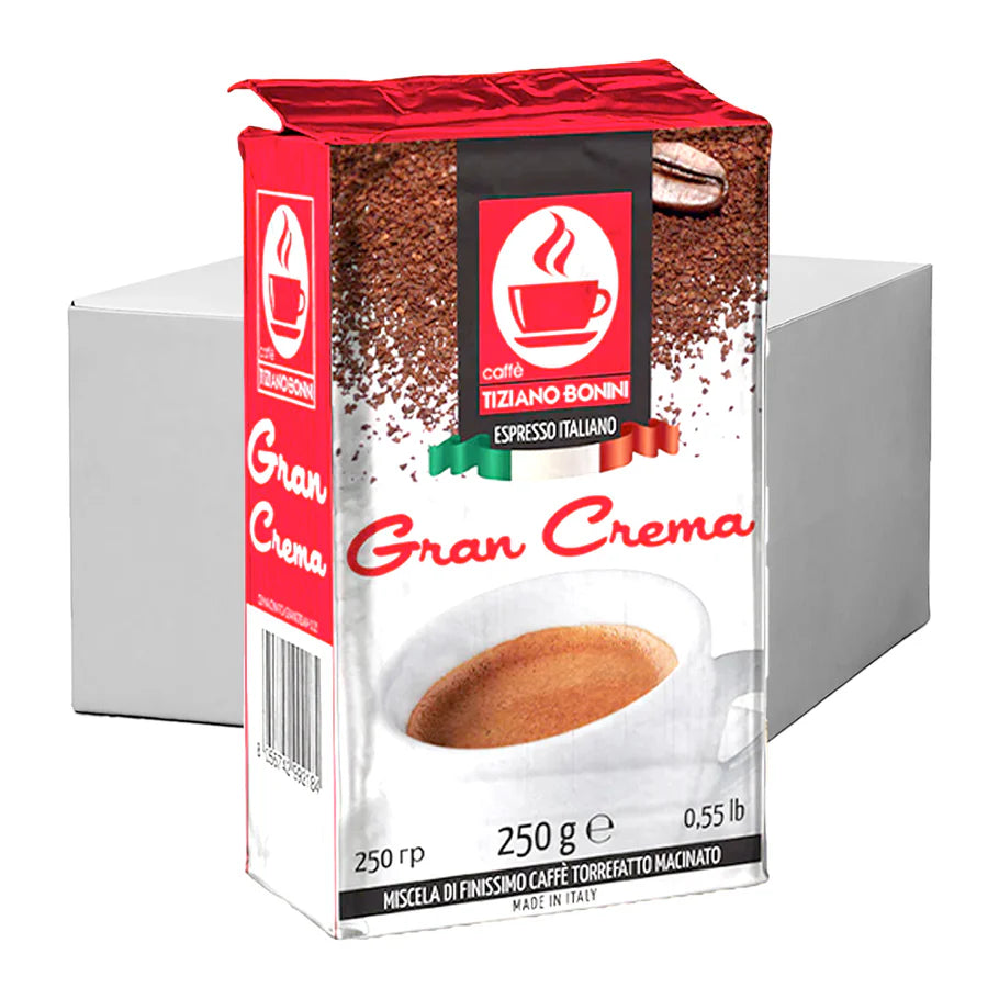 Case of 20 packs of Tiziano Bonini Gran Crema Ground Coffee, 250g each.