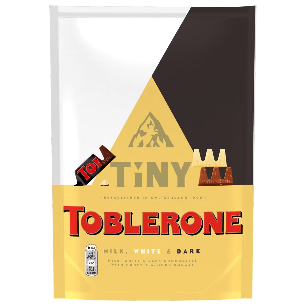 Mini Toblerone chocolates in milk, dark, and white varieties