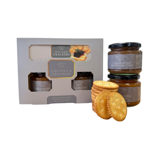Traditional Chutney and Crackers Gift Set with Caramelised Onion and Cheeseboard Chutney