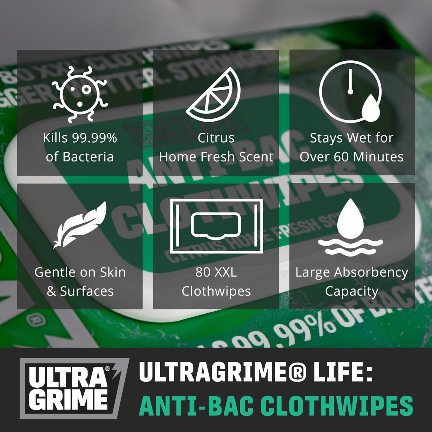 UltraGrime Antibac Cloth Wipes - 80 Large, Thick Wipes for Multi-Purpose Cleaning and Germ Protection