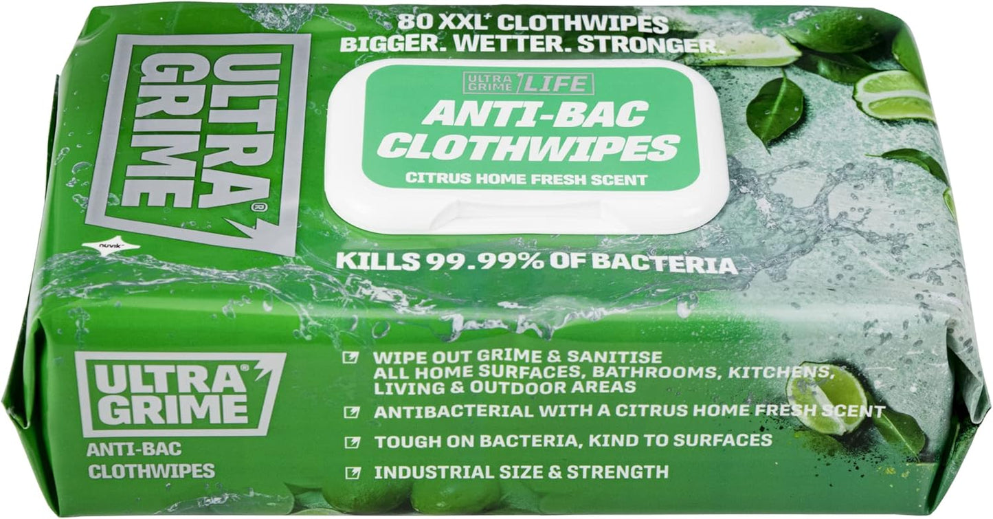 UltraGrime Antibac Wipes Packaging - 80 Large, Thick Wipes for Antibacterial Cleaning
