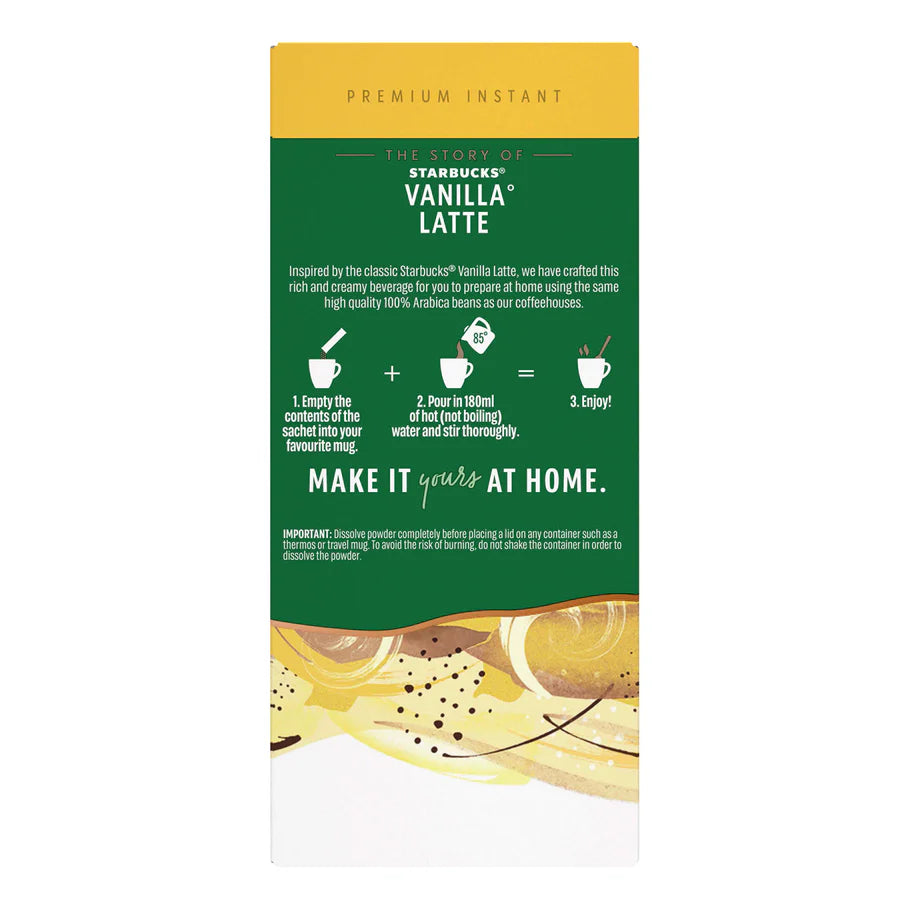Starbucks Vanilla Latte being prepared from an instant sachet with steaming water.