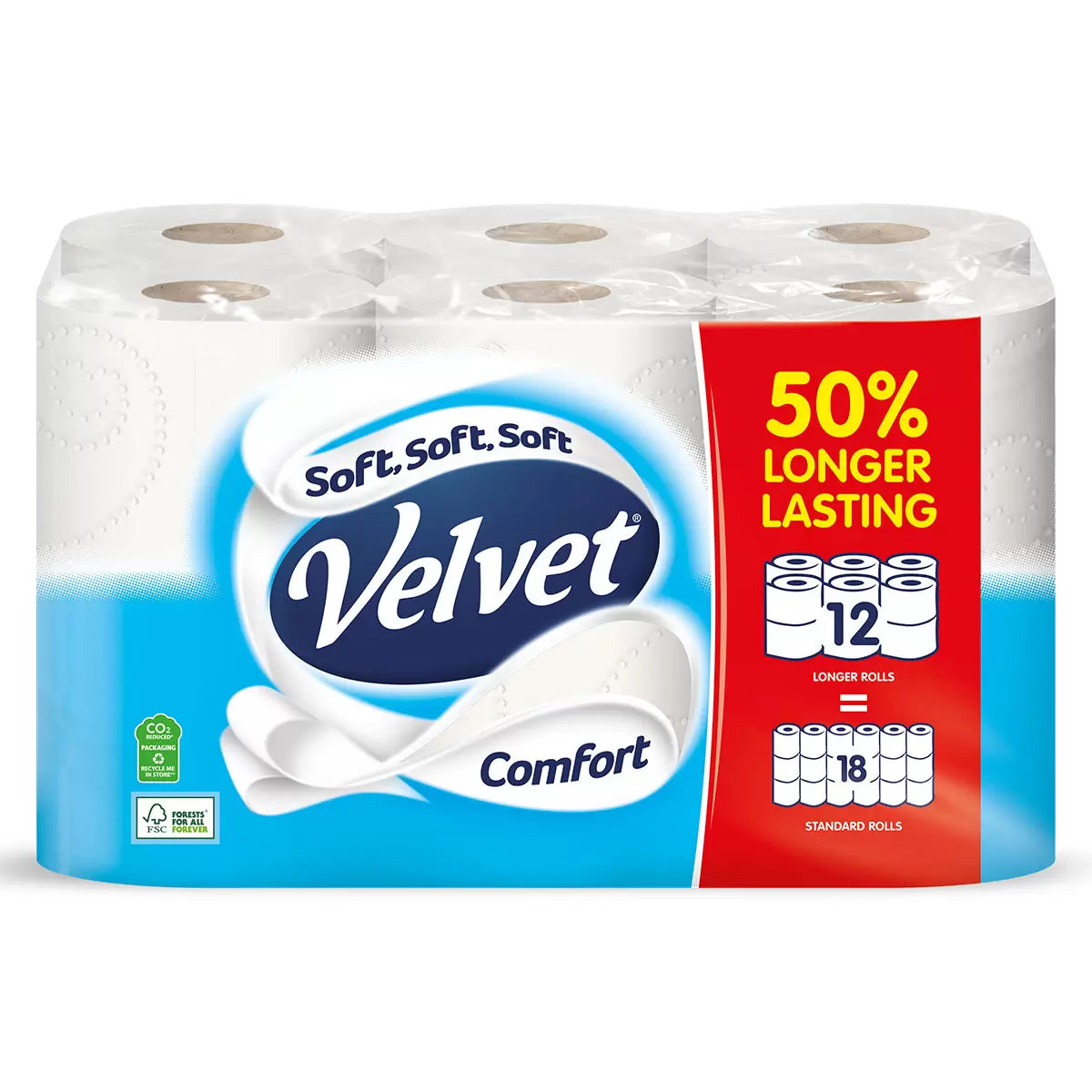 Velvet Comfort 2 Ply Toilet Tissue Family Pack, 12 rolls, 300 sheets each