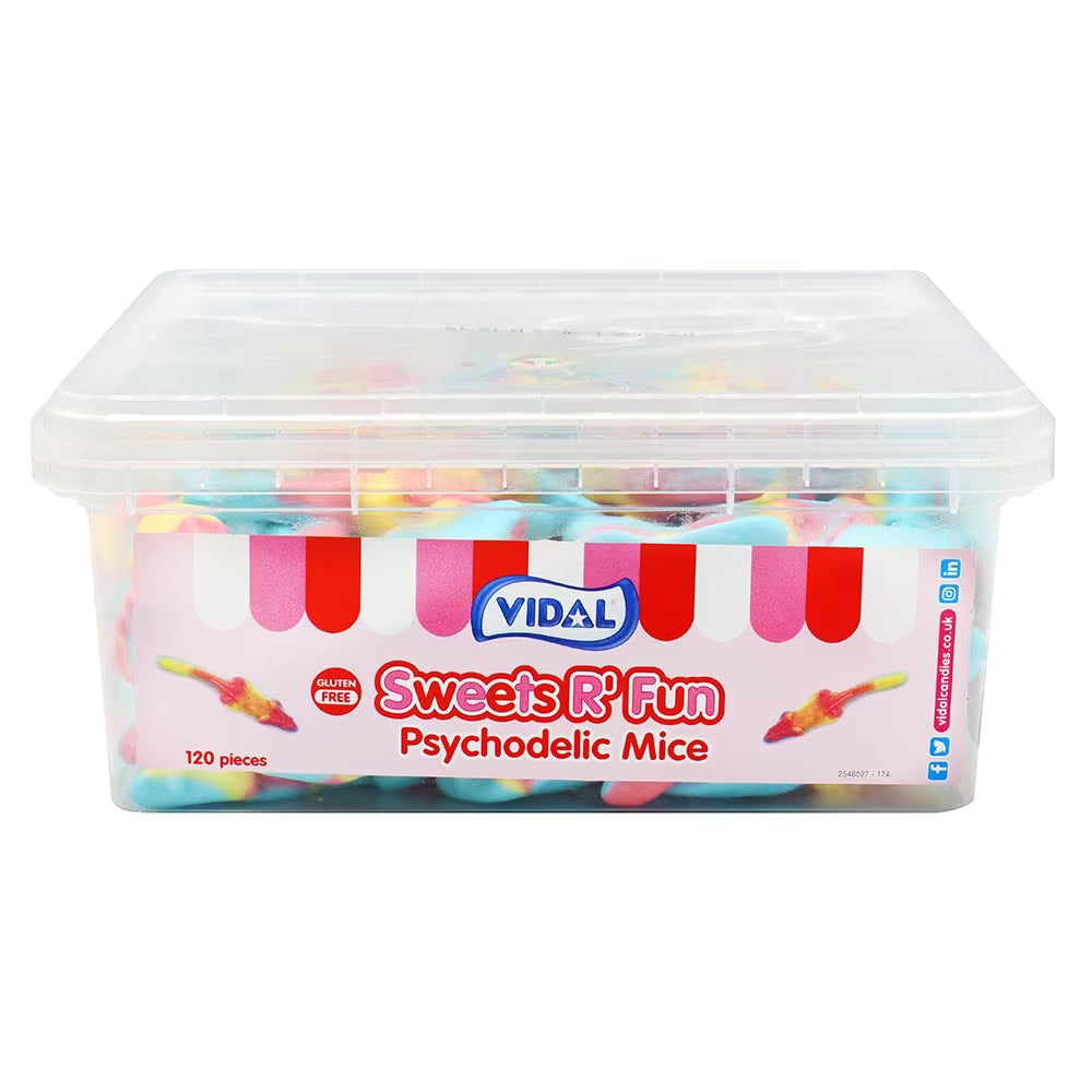 Colourful Vidal gummy mice sweets in a 780g tub