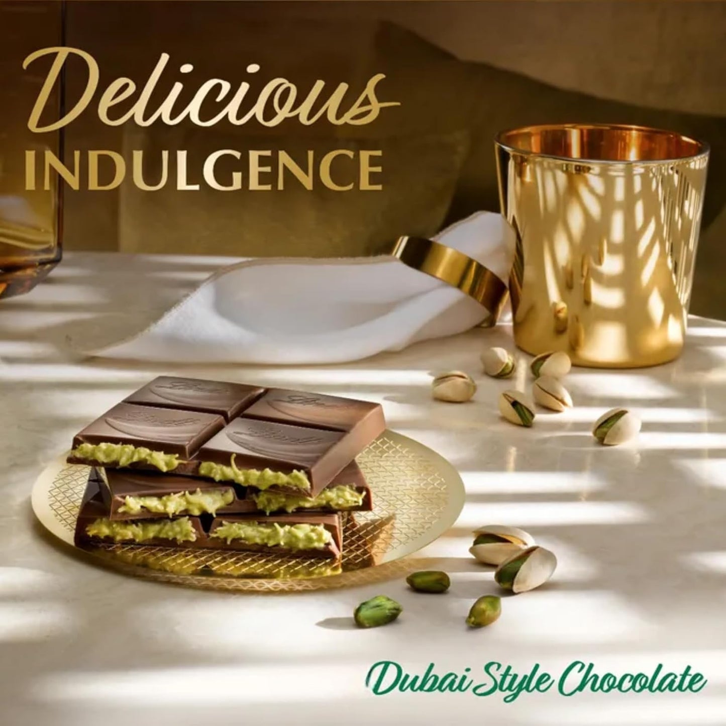 Viral Dubai chocolate bars featuring pistachio cream and crunchy kadayif