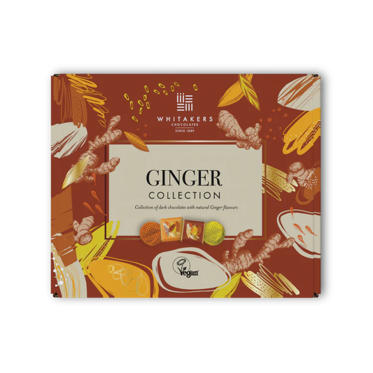 Assorted Whitakers ginger chocolates showing rich dark coating