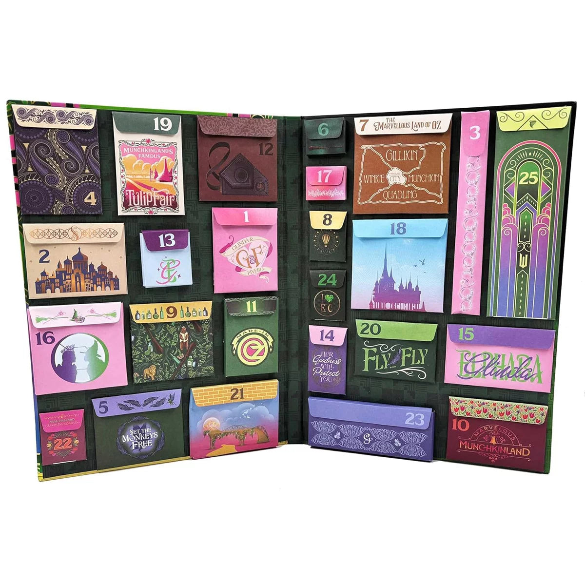 Wicked Advent Calendar featuring Oz-themed collectibles and envelopes