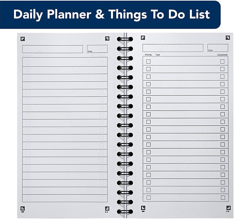 Navy and white wirebound task pad for daily planning
