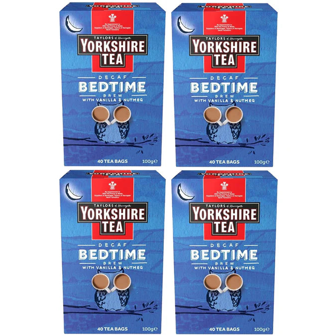 Yorkshire Tea Bedtime Brew decaf black tea with herbs and spices – case of 4 packs, 40 tea bags each, ideal for a relaxing evening cup.