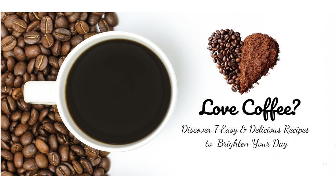 A flat lay of seven beautifully presented coffee recipe creations, each in a different cup or mug, surrounded by coffee beans, cinnamon sticks, and chocolate shavings on a rustic wooden table.