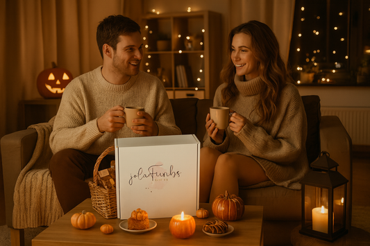 Golden autumn leaves in the UK with cosy seasonal decorations, pumpkins, and warm drinks symbolising harvest festivals and autumn celebrations.
