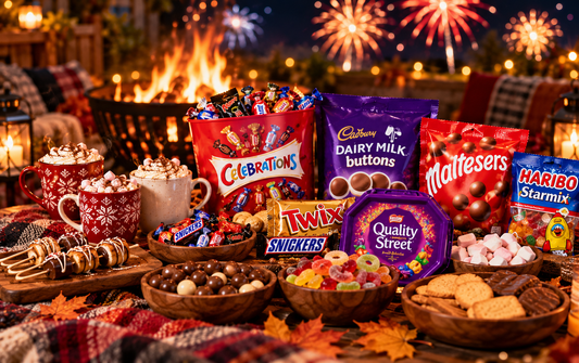 Illustrative cosy Bonfire Night party table with hot chocolate, sweets and biscuits beside a glowing fire