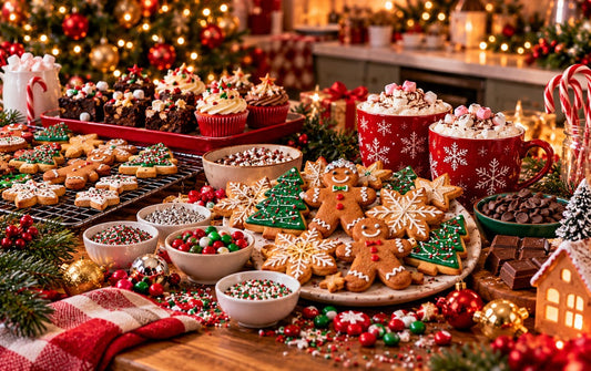 Illustrative festive kitchen table with iced Christmas biscuits, brownies, cupcakes and hot chocolate