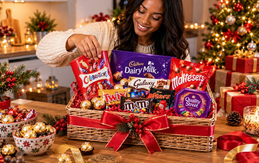 Festive Christmas chocolate hamper being arranged in a cosy home