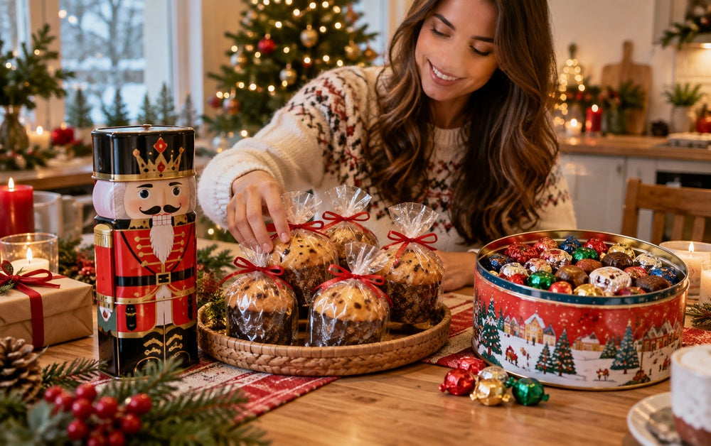 Woman arranging festive food gifts including mini cakes, fudge and assorted chocolates in a cosy Christmas kitchen