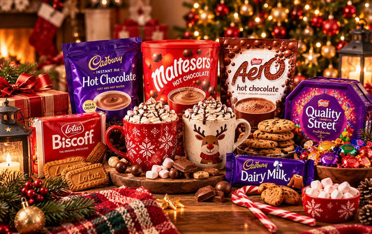 Illustrative cosy Christmas movie night snacks with hot chocolate, biscuits and chocolate by a festive tree