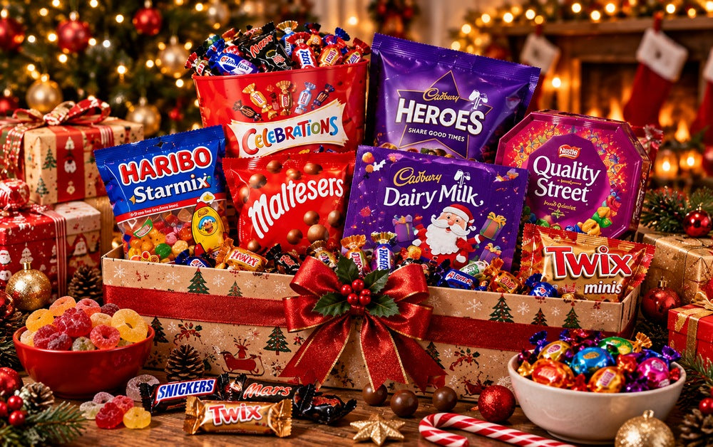 Illustrative Christmas sweets hamper on a cosy festive table with tree lights and wrapped presents