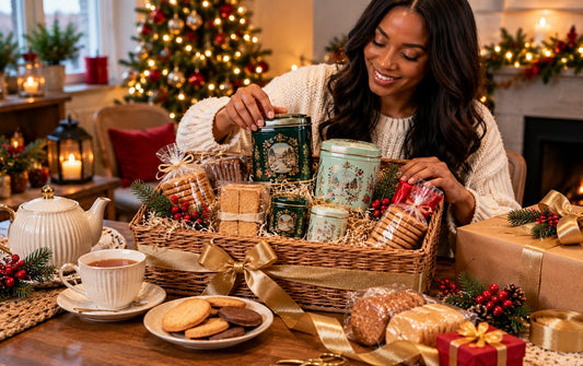 Cosy Christmas tea gift hamper with decorative tea tins and biscuits being arranged at home