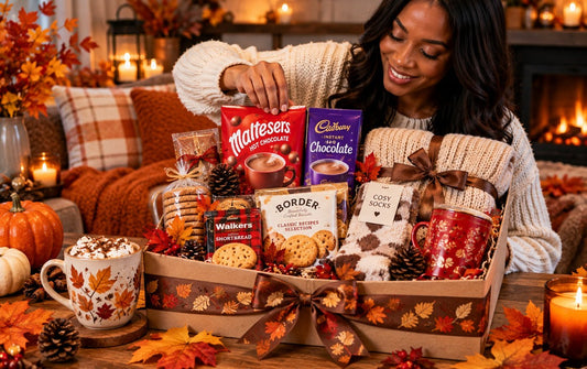 Cosy autumn gift box with hot chocolate, biscuits and warm accessories