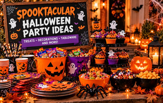 AI-generated Halloween party snack table with cupcakes, candy buckets, themed tableware and pumpkins