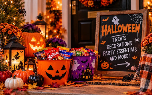 AI-generated realistic-style Halloween doorstep with candy buckets, pumpkins and seasonal decorations