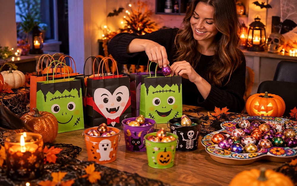 Woman filling colourful Halloween party bags with wrapped chocolates beside spooky candy buckets and a sugar skull treat tray