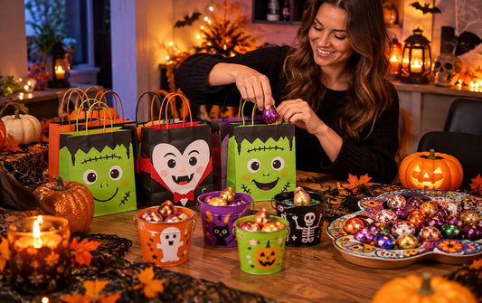 Woman filling colourful Halloween party bags with wrapped chocolates beside spooky candy buckets and a sugar skull treat tray