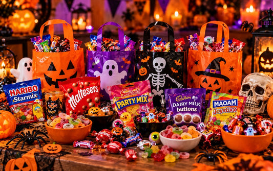 Illustrative cosy Halloween party table with decorated treat bags, sweets and pumpkins