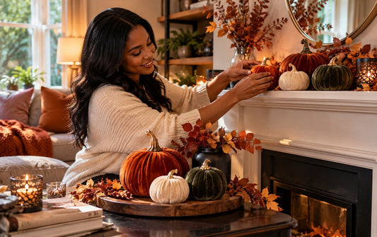Woman styling velvet pumpkins on a mantel for elegant Halloween home decor