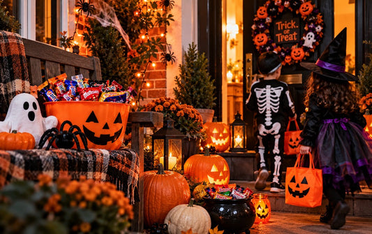 Realistic-style Halloween doorstep with costumed trick-or-treaters, pumpkins and candy buckets; AI-generated illustrative scene