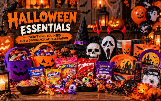 Illustrative Halloween essentials display with pumpkins, sweet buckets and spooky party accessories; product packaging is illustrative