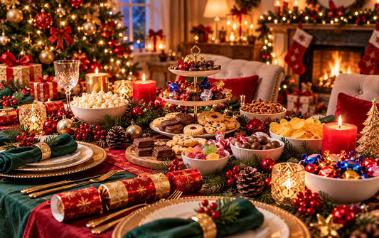 Elegant Christmas hosting table with snacks, green napkins, gold place settings, Christmas tree and festive lights